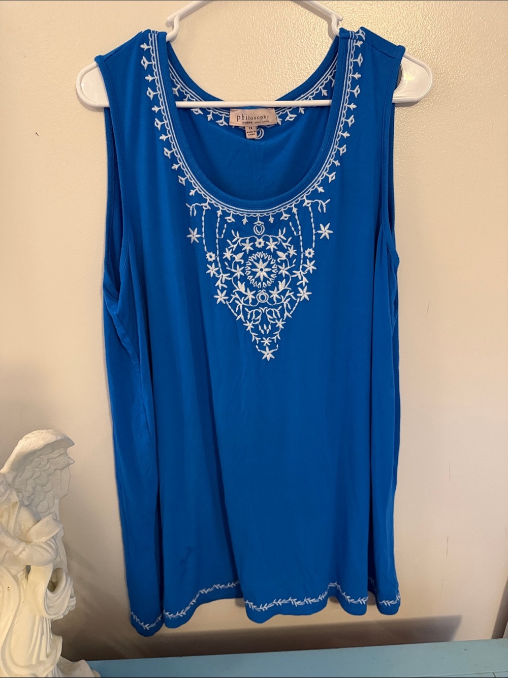 Philosophy cobalt blue sleeveless tank with white embroidery